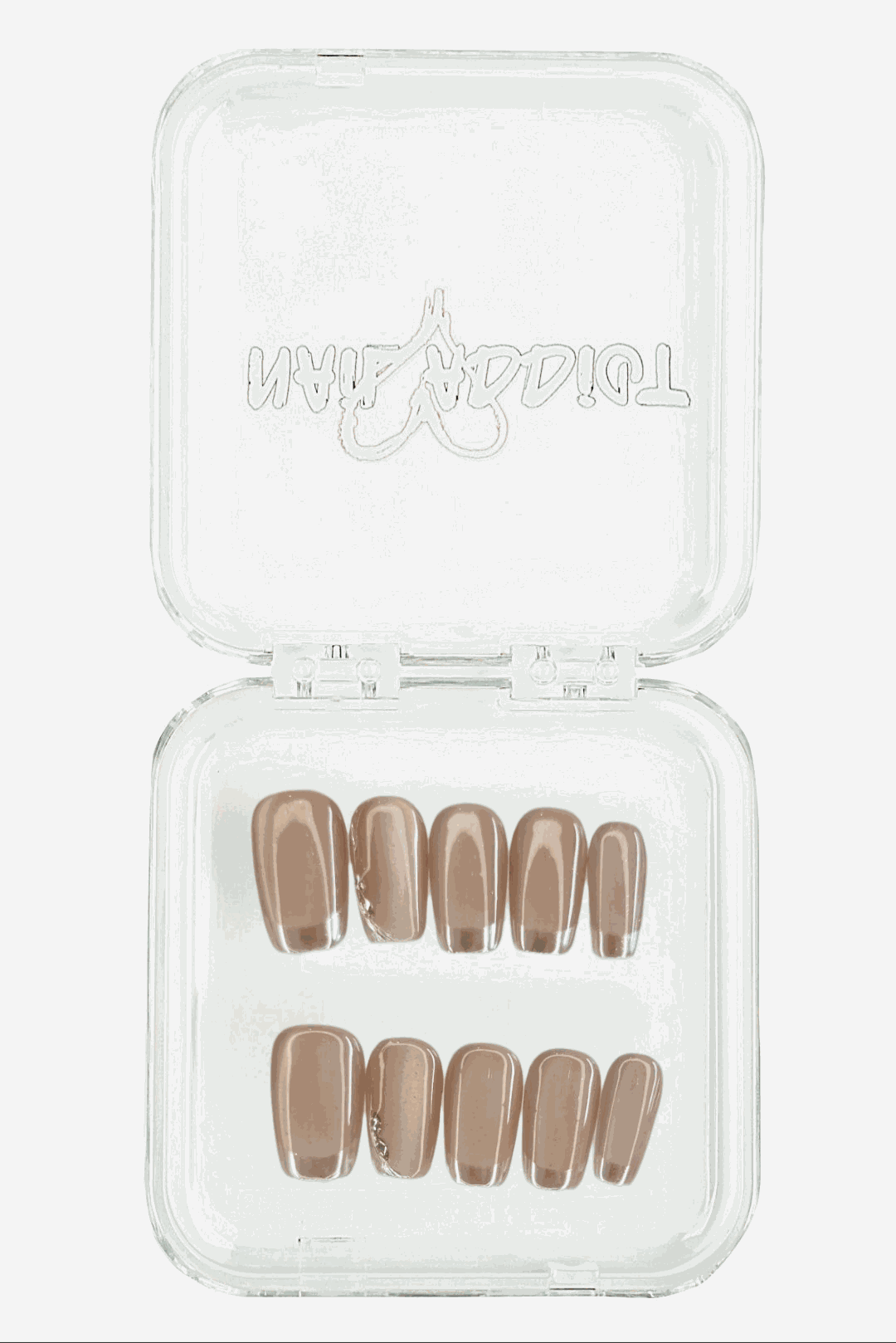 An open clear plastic case with a full set of twenty glossy, sheer nude press-on nails in various sizes