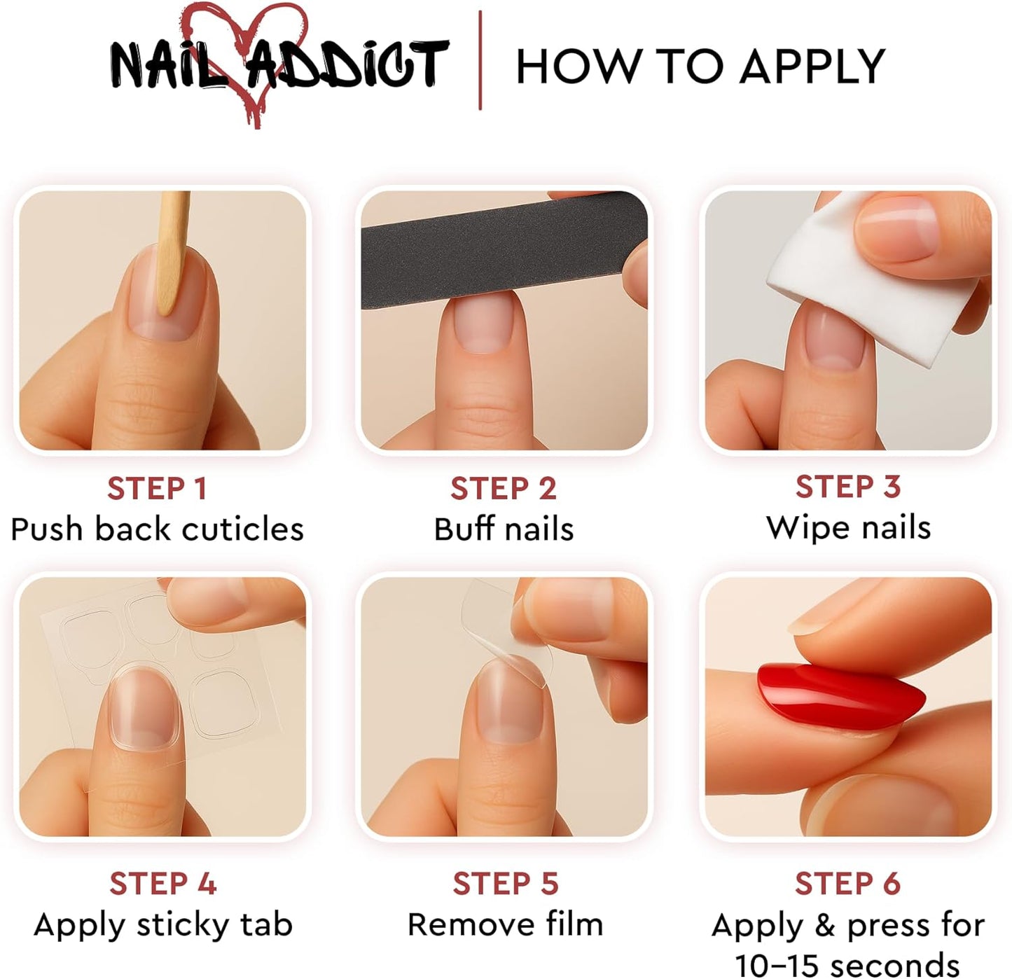 Step-by-step guide on how to apply nail product with 'Nail Addict' branding.