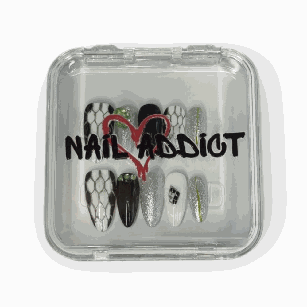The branded Nail Addict packaging for the Ajman Aesthetic press-on nail set.