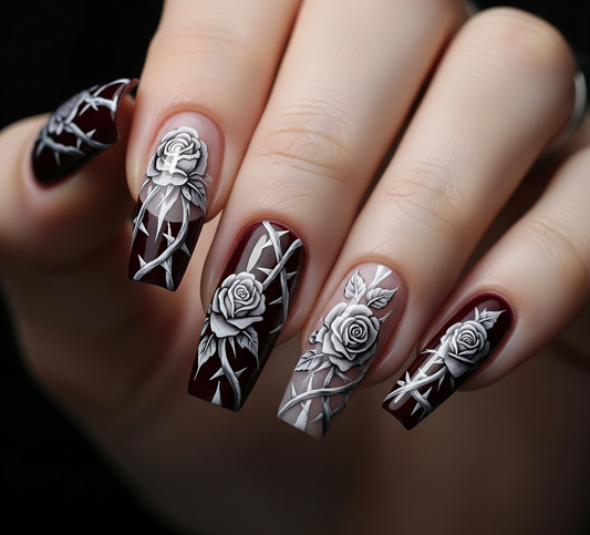 Spooky-chic Halloween nail art using Nail Addict UAE floral press-on nails – dark floral manicure ideas 2025