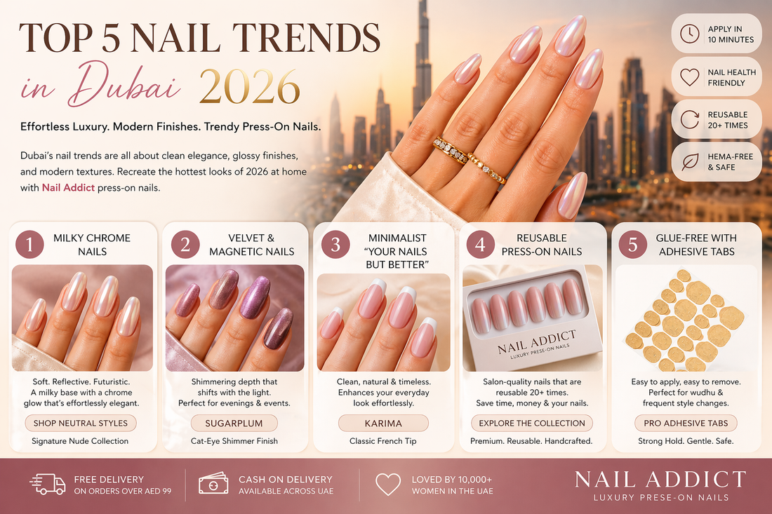 Infographic showing top nail trends in Dubai 2026 with milky chrome nails, velvet magnetic nails, minimalist French tip press-on nails, reusable Nail Addict press-on nails, and glue-free adhesive nail tabs.