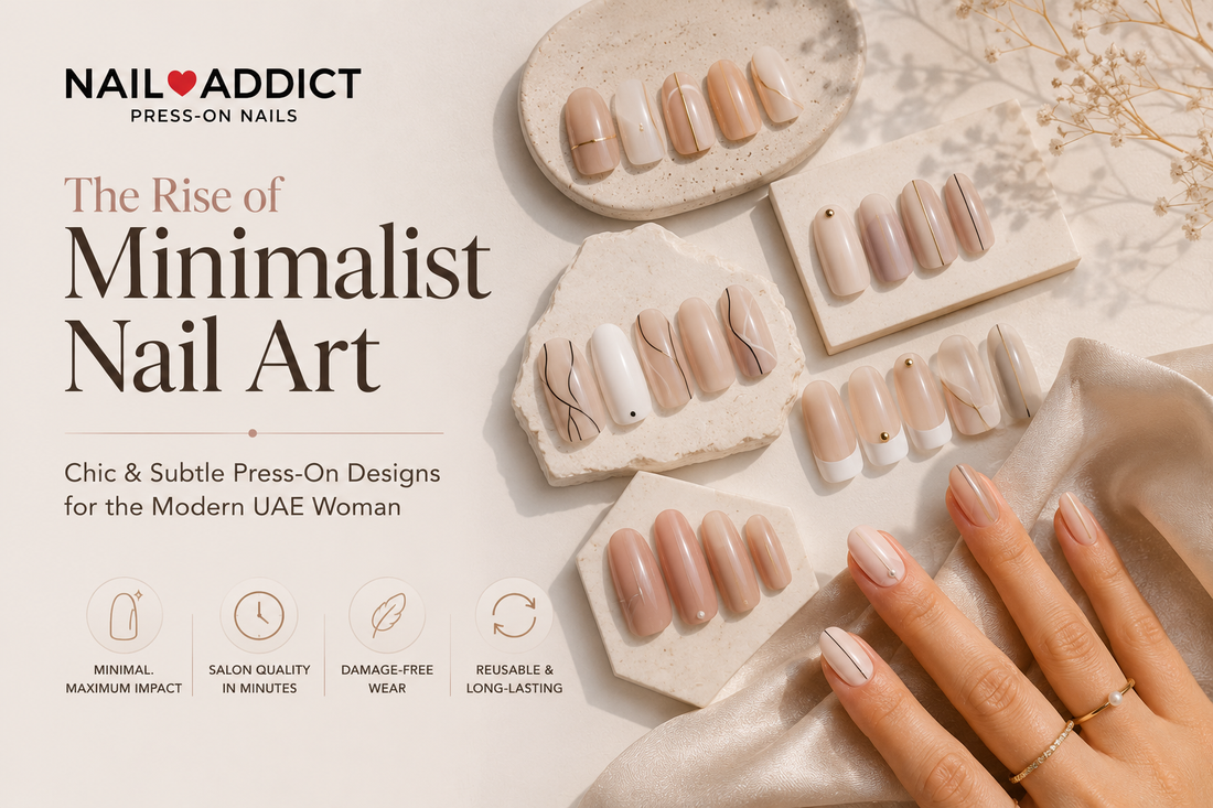 Minimalist nail art UAE featuring chic nude press-on nails with clean lines, French tips, and subtle accents