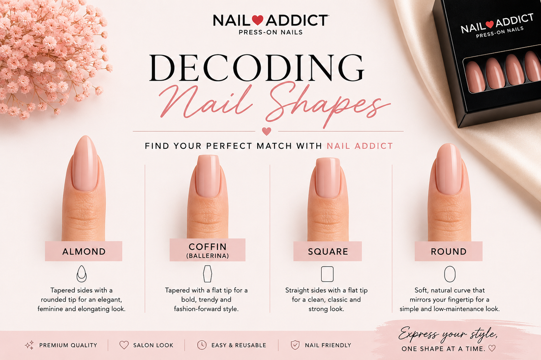 Nail shapes guide showing almond, coffin, square and round press-on nails from Nail Addict UAE