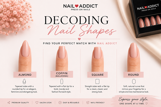Nail shapes guide showing almond, coffin, square and round press-on nails from Nail Addict UAE