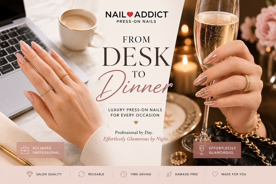 Luxury press-on nails showcased in a split-scene design featuring a professional daytime workspace and an elegant evening setting, highlighting the versatility of Nail Addict Press-On Nails for transitioning seamlessly from desk to dinner.