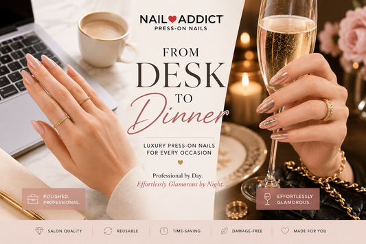 Luxury press-on nails showcased in a split-scene design featuring a professional daytime workspace and an elegant evening setting, highlighting the versatility of Nail Addict Press-On Nails for transitioning seamlessly from desk to dinner.