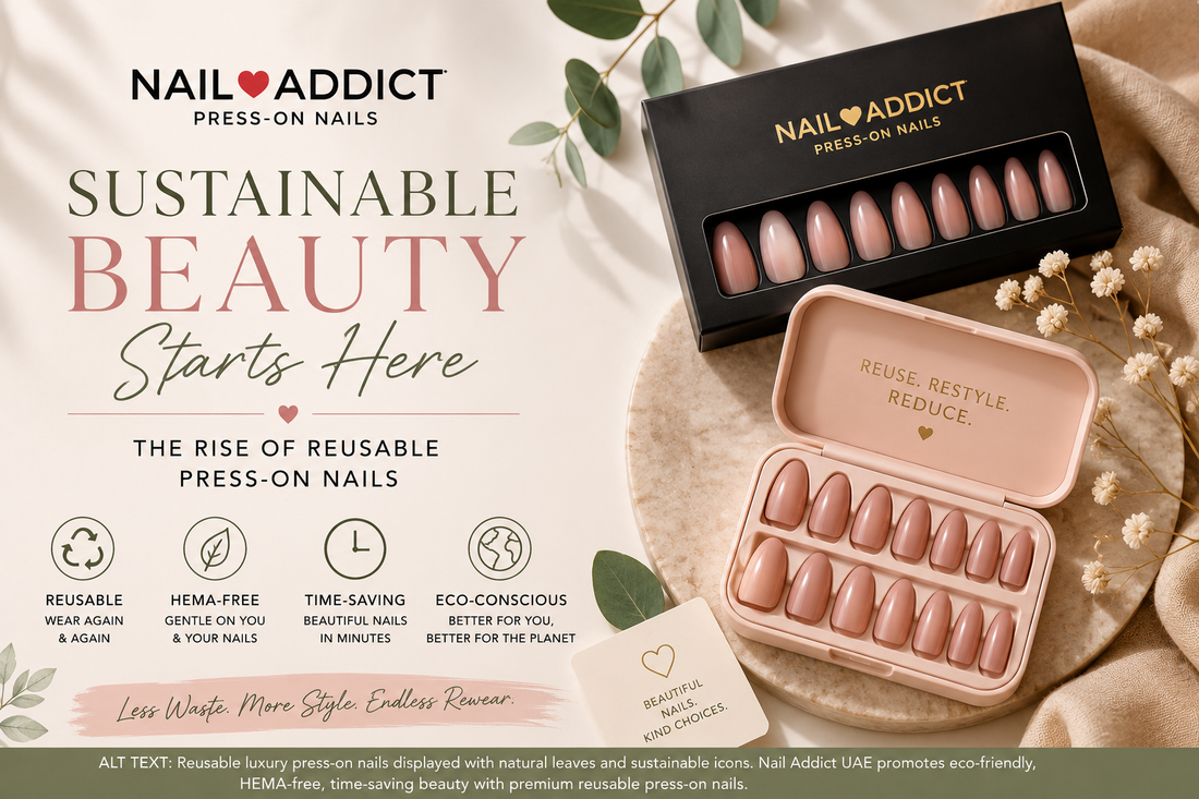 Reusable luxury press-on nails displayed in premium storage cases alongside natural botanical elements, highlighting sustainable beauty, eco-conscious nail care, and reusable press-on nails by Nail Addict UAE.
