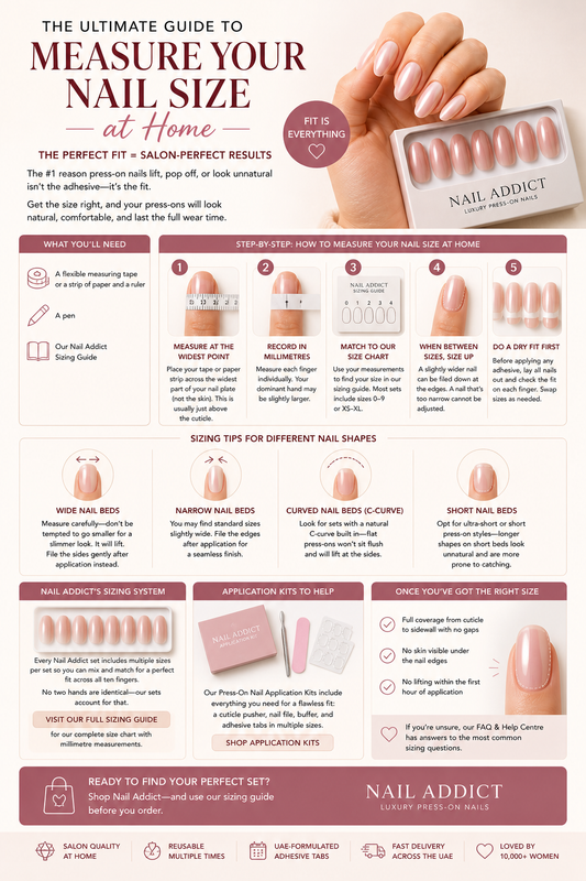 How to measure nail size at home infographic showing step-by-step sizing guide for press-on nails, including measuring width in millimetres, size chart matching, and tips for perfect fit with Nail Addict press-on nails.