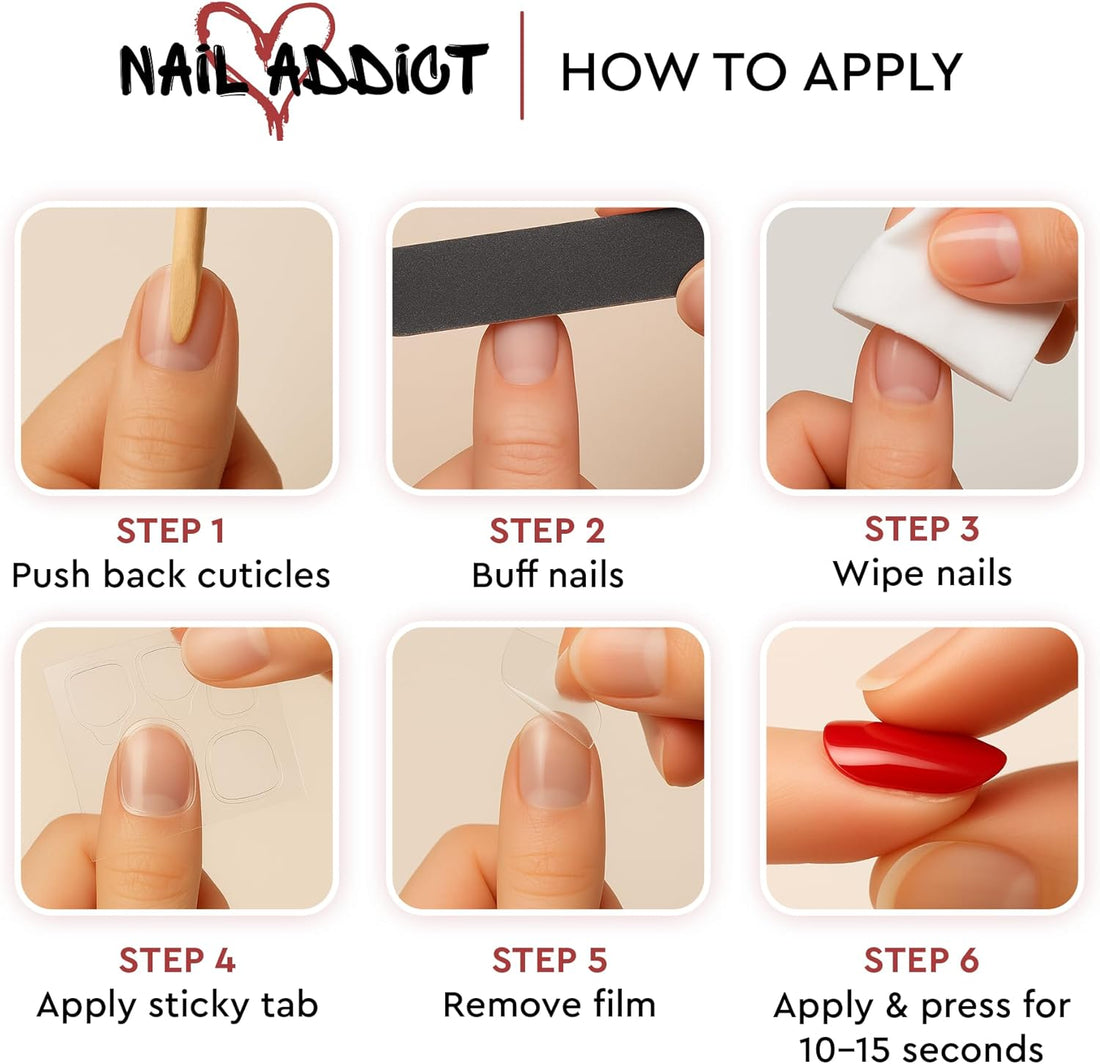 Detailed six-step infographic illustrating the easy process for applying press-on or artificial nails at home.