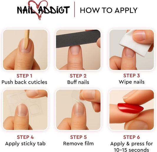 Detailed six-step infographic illustrating the easy process for applying press-on or artificial nails at home.