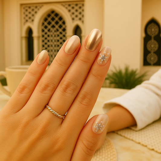 A woman's hand with an elegant gold press-on manicure, showcasing a beautiful and Wudu-friendly nail option for Muslim women in Dubai.