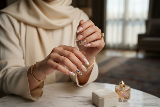 Muslim woman wearing press-on false nails in UAE — are false nails haram? Wudhu-friendly nails by NailAddict