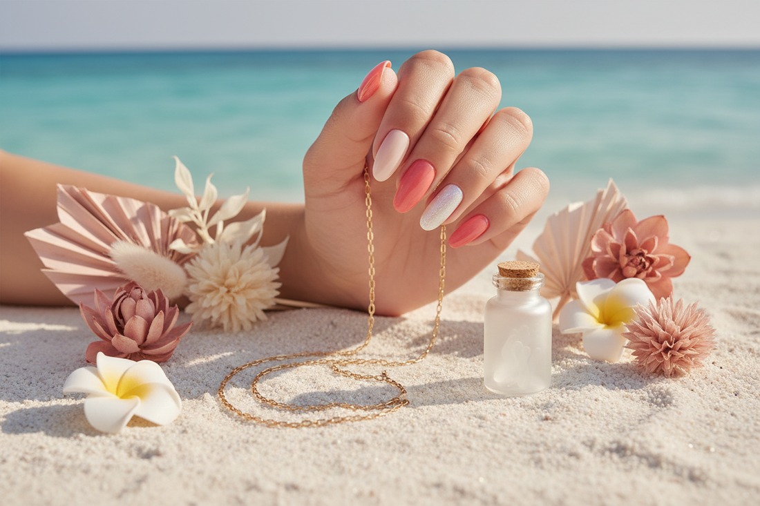  Almond press-on nails in coral and nude tones on white sand — Summer Nails Starter Kit by Nail Addict UAE