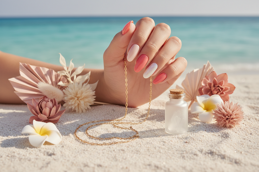  Almond press-on nails in coral and nude tones on white sand — Summer Nails Starter Kit by Nail Addict UAE