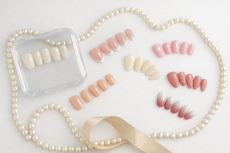 A woman's hand displaying chrome French tip nails, a large diamond ring stack, and a two-tone watch.
