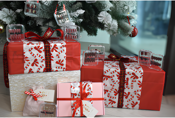 red christmas press-on nails and gifts wrapped under a christmas tree decorated with bells