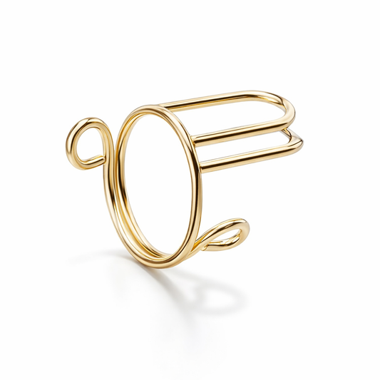 Gold nail display rings worn on fingers with removable press-on nails, designed for Muslim women to easily remove for wudhu and prayer.