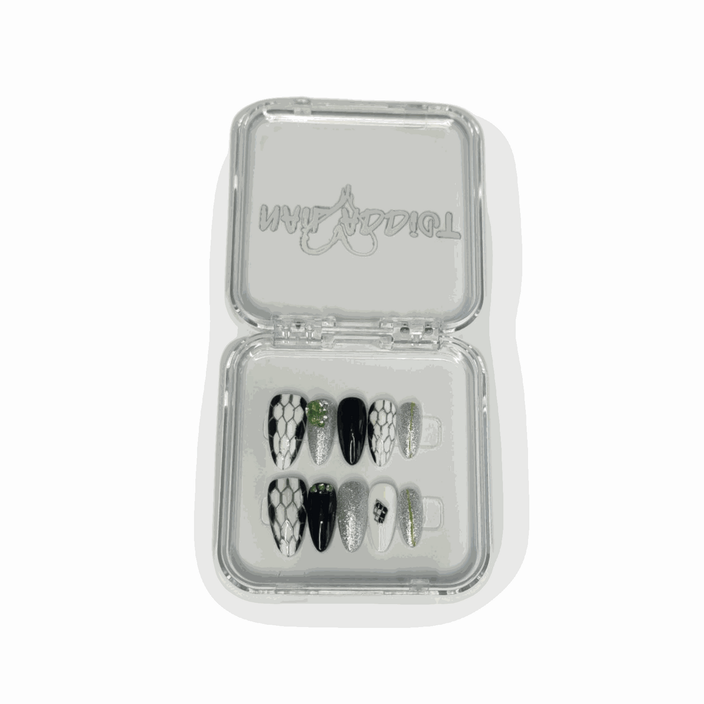 Branded Nail Addict packaging box for the Ajman Aesthetic press-on nail set.