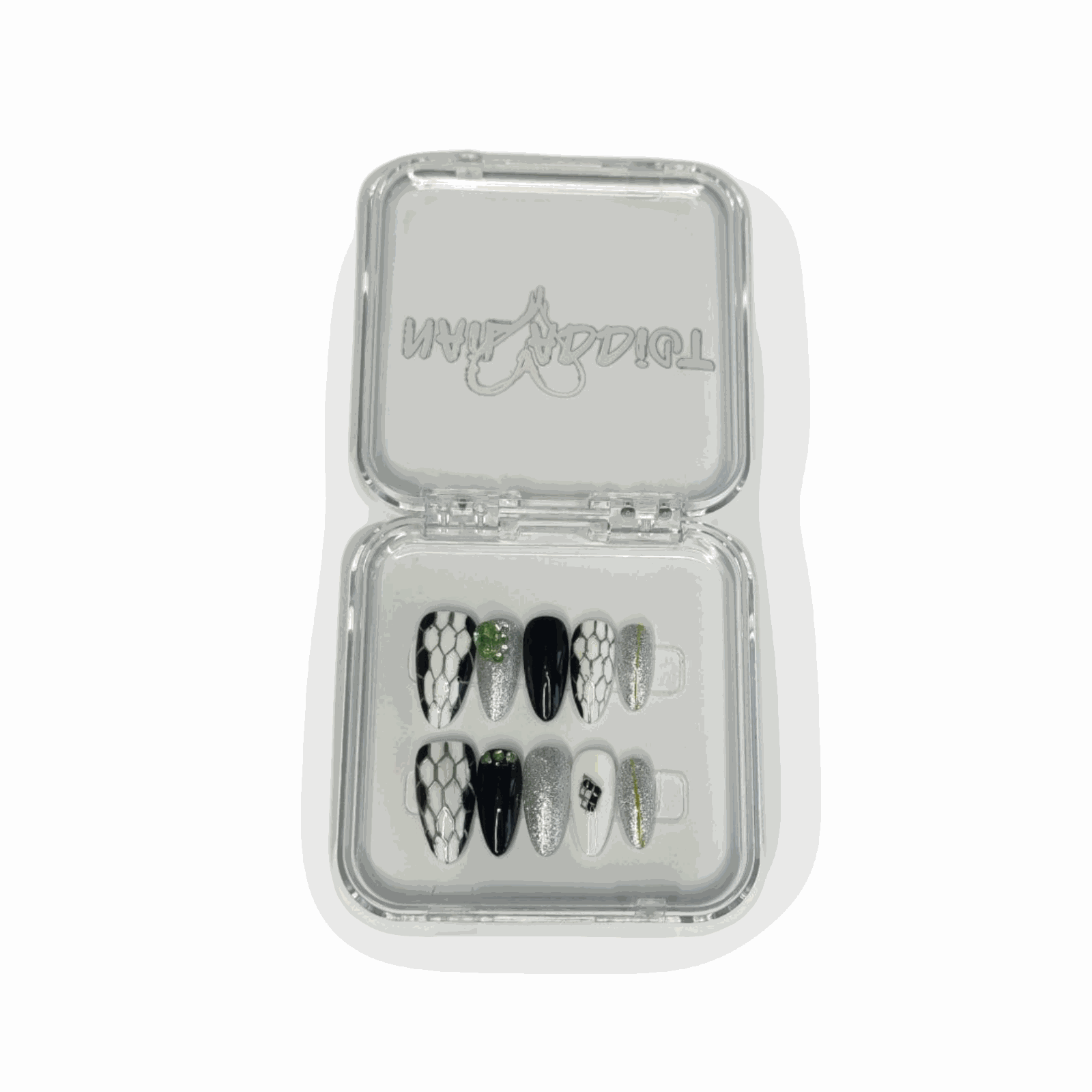 Branded Nail Addict packaging box for the Ajman Aesthetic press-on nail set.