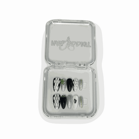 Branded Nail Addict packaging box for the Ajman Aesthetic press-on nail set.