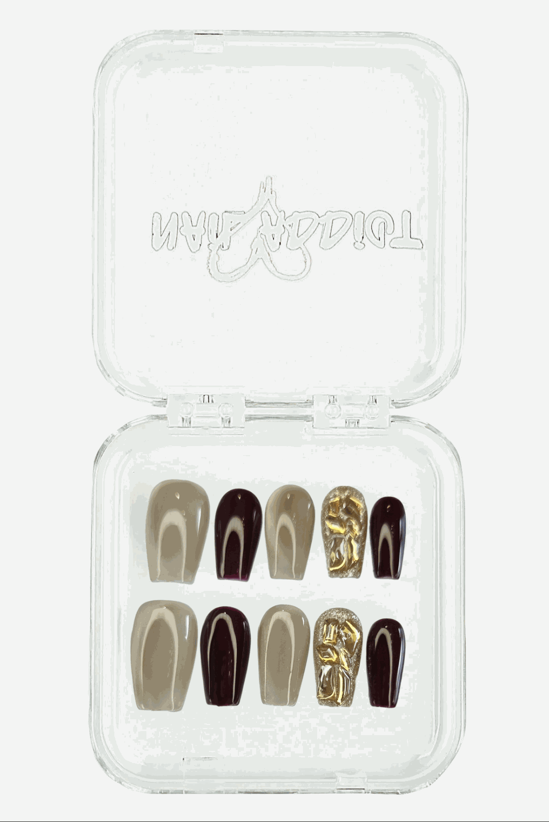 Amani nude and brown long coffin press-on nails, sophisticated color block design.
