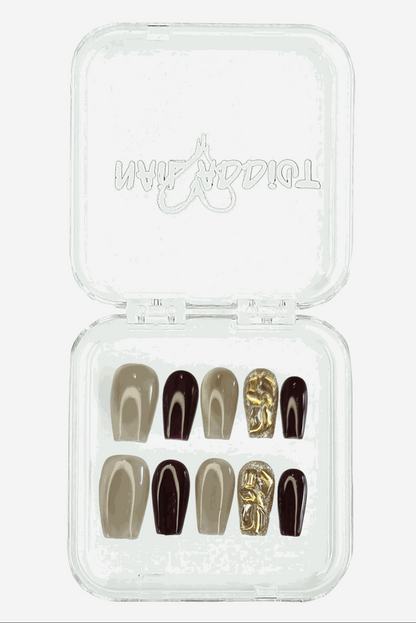 Amani nude and brown long coffin press-on nails, sophisticated color block design.