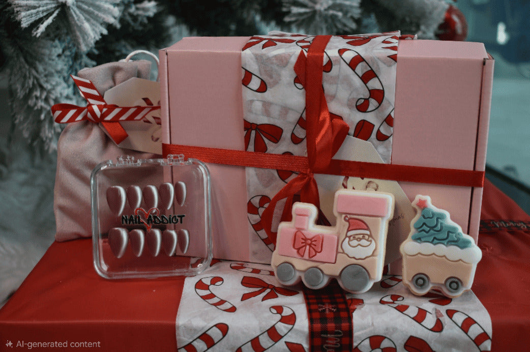Christmas-themed gift set with pink box, cookie cutters, and decorative items on a red surface.