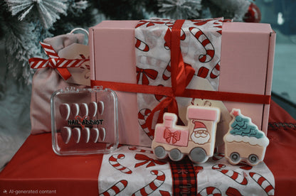 Christmas-themed gift set with pink box, cookie cutters, and decorative items on a red surface.