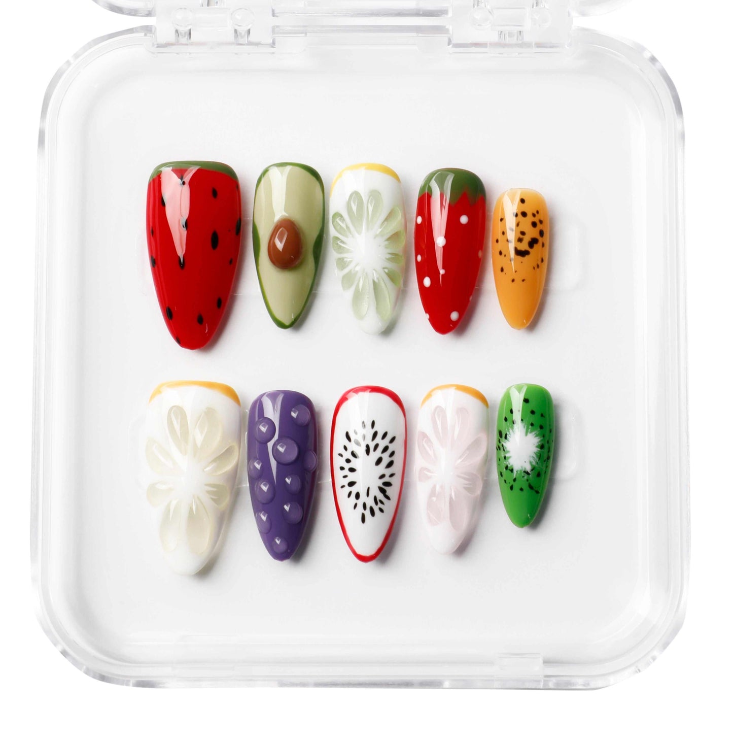 Fujairah Fruity Flair press-on nail set, vibrant fruity design on long square nails.