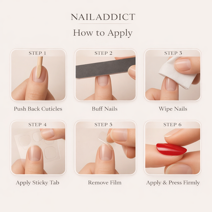 Step-by-step guide on how to apply adhesive sticky tabs from Nailaddict.