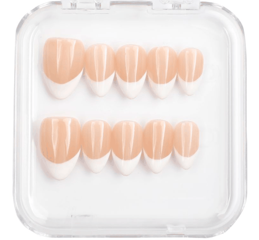 Karima classic French tip stiletto press-on nails, elegant white tip.