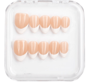 Karima classic French tip stiletto press-on nails, elegant white tip.