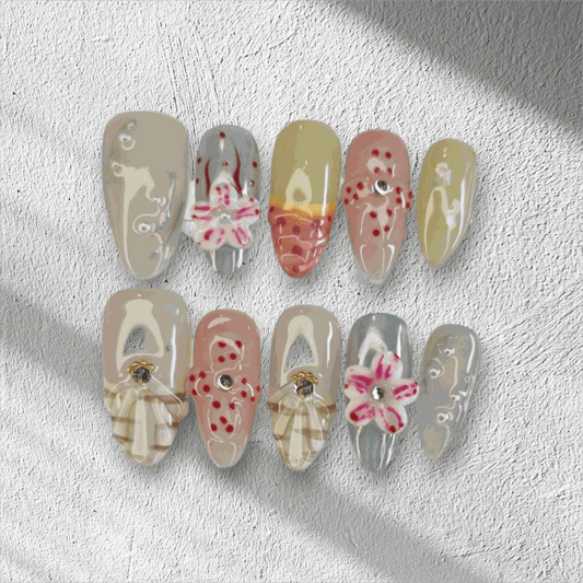 Madinah Majesty black, pink, and chrome coffin press-on nails by Nail Addict, with heart and butterfly gems