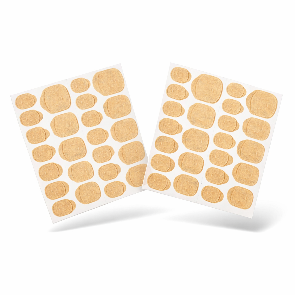 close up of beige sticky adhesive tabs designed for press on nails. uae