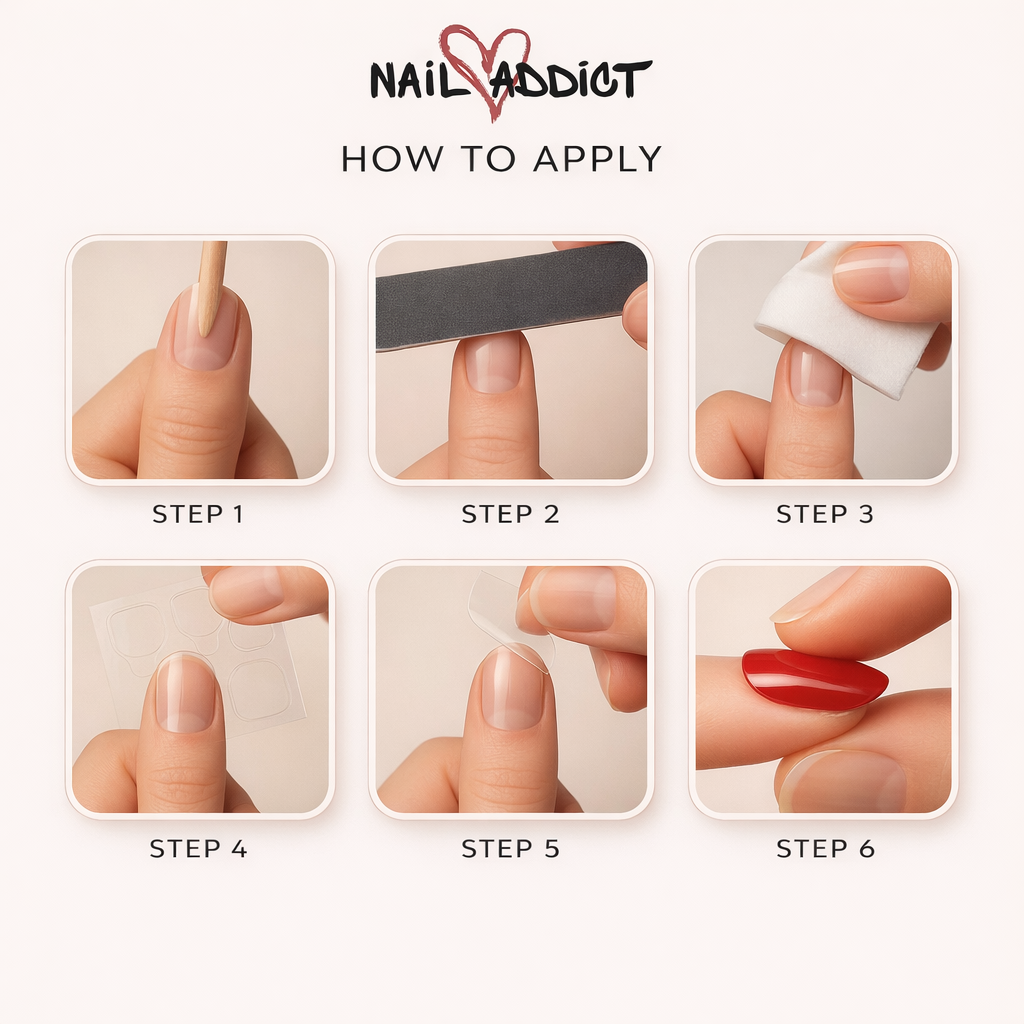 Step-by-step guide on how to apply presson nails with 'Nail Addict' branding.