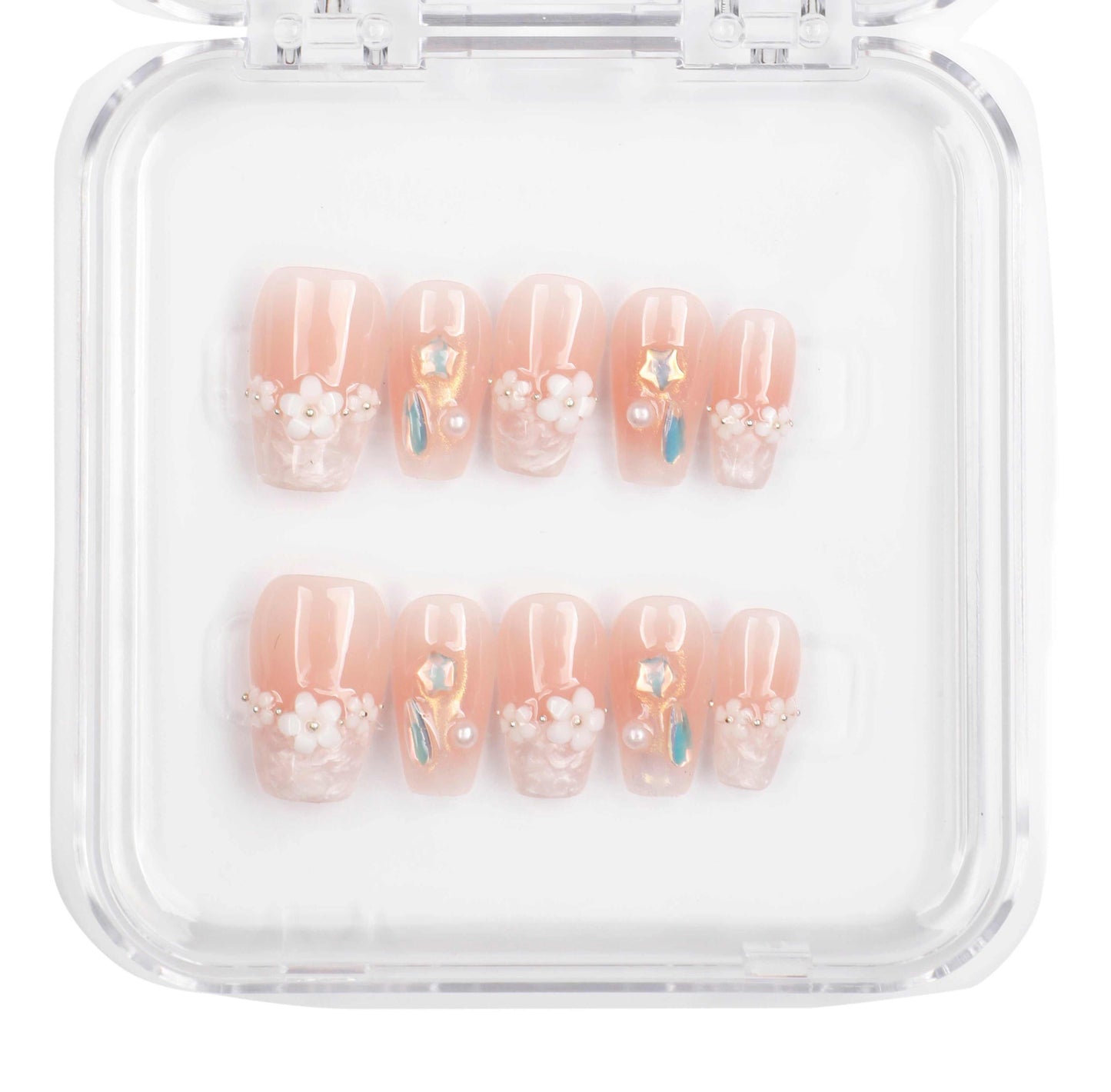 Selina sheer pink and white short square press-on nails set, elegant.