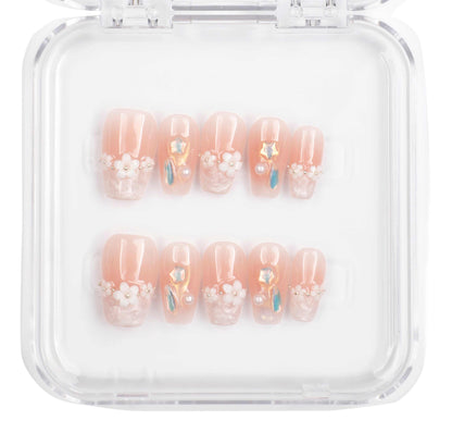 Selina sheer pink and white short square press-on nails set, elegant.