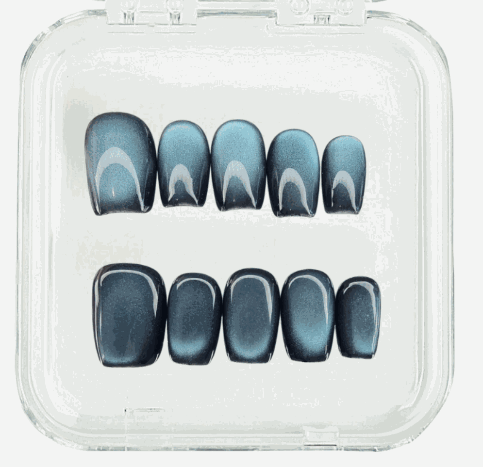 Yalla press-on nail set displayed in a clear plastic case, showcasing all sizes.